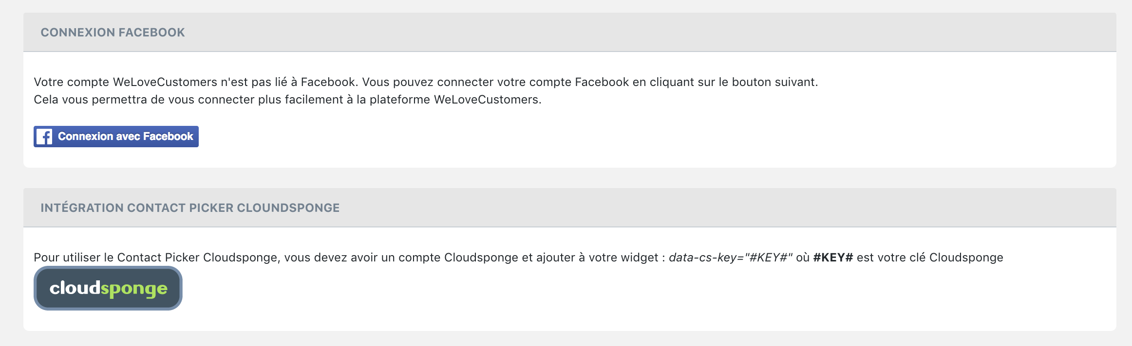 Interconnecter We Love Customers et Cloudsponge - API key